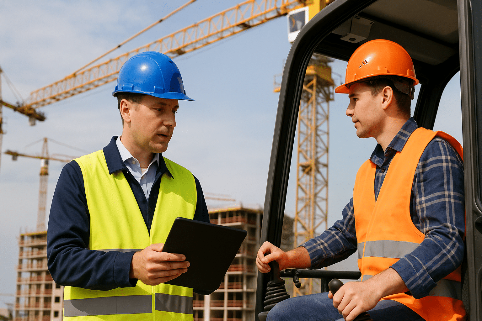 News - Ausbilder informiert Kranführer über neue Schulungsinhalte auf der Baustelle